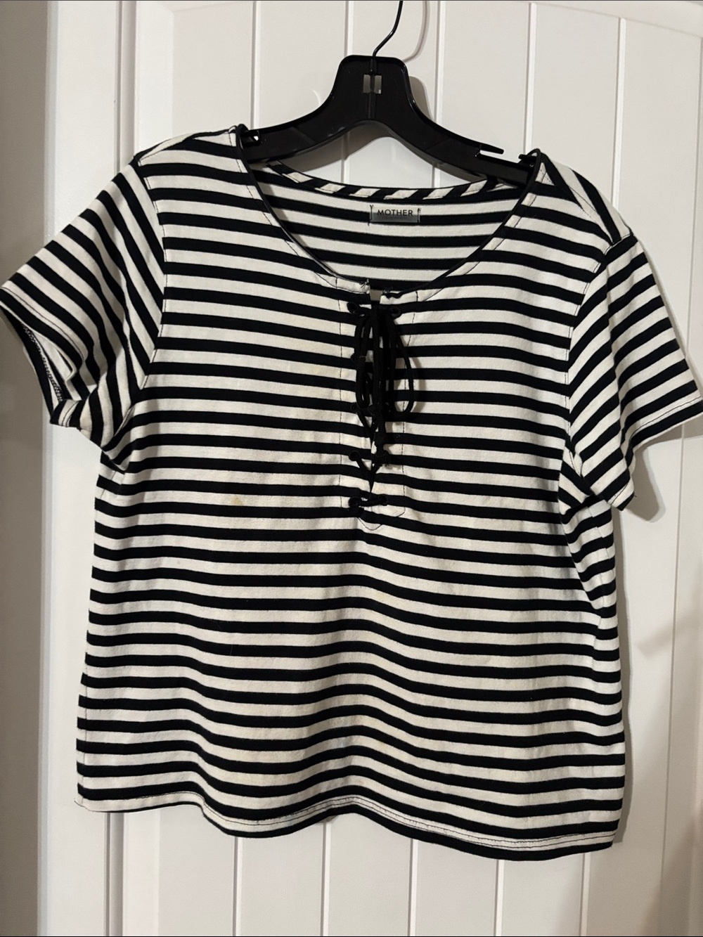 MOTHER Black & White Striped Lace-Up Short Sleeve Tee